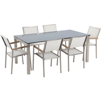 Beliani Table De Jardin Et 6 Chaises 180 X 90 Cm Verre Et Textile Noir Et Blanc Grosseto - Publicité Beliani Table De Jardin Et 6 Chaises 180 X 90 Cm Verre Et Textile Noir Et Blanc Grosseto - Publicité