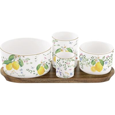 Easy Life Fleurs Et Citrons Set D'Aperitif En Acacia Avec 4 Bols En Porcelaine - Publicité Easy Life Fleurs Et Citrons Set D'Aperitif En Acacia Avec 4 Bols En Porcelaine - Publicité