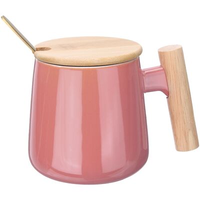 Uxcell Tasse À Café En Céramique 12.85 Oz Poignée Bois Avec Couvercle Et Cuillère, Rose - Publicité Uxcell Tasse À Café En Céramique 12.85 Oz Poignée Bois Avec Couvercle Et Cuillère, Rose - Publicité