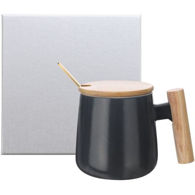 Uxcell Tasse À Café Céramique 12.85 Oz Avec Poignée Bois, Couvercle Et Cuillère, Noir - Publicité Uxcell Tasse À Café Céramique 12.85 Oz Avec Poignée Bois, Couvercle Et Cuillère, Noir - Publicité