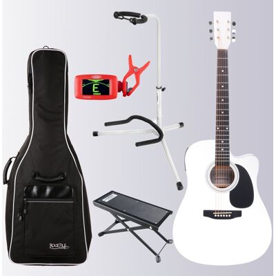 Classic Cantabile Pack De Guitare Electro Acoustique 3-Eq Dreadnought Cutaway Housse Statif Blanc - Publicité Classic Cantabile Pack De Guitare Electro Acoustique 3-Eq Dreadnought Cutaway Housse Statif Blanc - Publicité