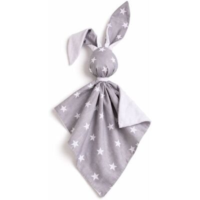 Bobono Peluche Lapin Doudou Double Face En Coton Et Minky - Étoiles Grises - Blanc - Publicité Bobono Peluche Lapin Doudou Double Face En Coton Et Minky - Étoiles Grises - Blanc - Publicité