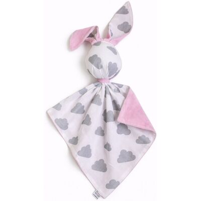 Bobono Peluche Lapin Doudou Double Face En Coton Et Minky - Nuages Gris - Rose - Publicité Bobono Peluche Lapin Doudou Double Face En Coton Et Minky - Nuages Gris - Rose - Publicité