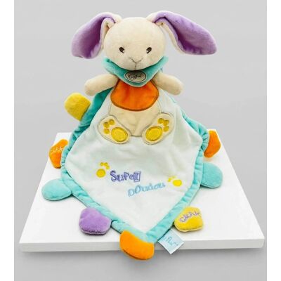 Baby Nat Babynat Doudou Lapin Carré Grelot Velours Blanc Bleu Orange 40 Cm Environ - Publicité Baby Nat Babynat Doudou Lapin Carré Grelot Velours Blanc Bleu Orange 40 Cm Environ - Publicité