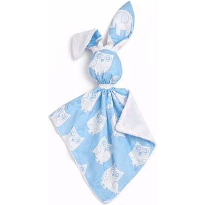 Bobono Peluche Lapin Doudou Double Face En Coton Et Minky - Hiboux Bleus - Blanc - Publicité Bobono Peluche Lapin Doudou Double Face En Coton Et Minky - Hiboux Bleus - Blanc - Publicité