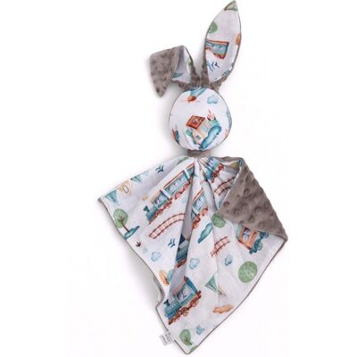 Bobono Peluche Lapin Doudou, Double Face En Coton Et Minky - Train Turquoise - Gris - Publicité Bobono Peluche Lapin Doudou, Double Face En Coton Et Minky - Train Turquoise - Gris - Publicité