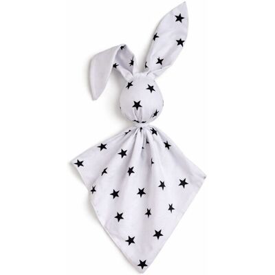 Bobono Peluche Lapin Doudou Double Face En Coton Et Minky - Étoiles Noires - Blanc - Publicité Bobono Peluche Lapin Doudou Double Face En Coton Et Minky - Étoiles Noires - Blanc - Publicité