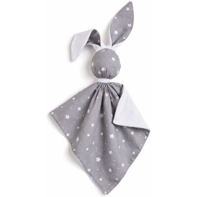 Bobono Peluche Lapin Doudou Double Face En Coton Et Minky - Mini Étoiles Grises Et Blan - Publicité Bobono Peluche Lapin Doudou Double Face En Coton Et Minky - Mini Étoiles Grises Et Blan - Publicité