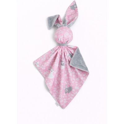 Bobono Peluche Lapin Doudou Double Face En Coton Et Minky - Lapins Roses - Gris - Publicité Bobono Peluche Lapin Doudou Double Face En Coton Et Minky - Lapins Roses - Gris - Publicité