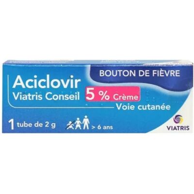 Médicaments sans ordonnance > Médicaments dermatologiques > Médicaments contre l'herpès > Médicament bouton de fièvre Aciclovir Mylan Viatris 5 % Crème 2 g - Publicité Médicaments sans ordonnance > Médicaments dermatologiques > Médicaments contre l'herpès > Médicament bouton de fièvre Aciclovir Mylan Viatris 5 % Crème 2 g - Publicité