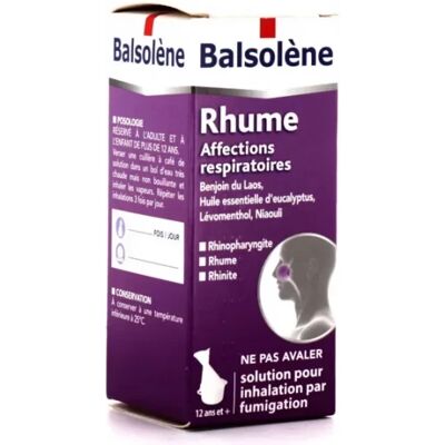 Médicaments sans ordonnance > Médicaments pour le nez et les oreilles > Médicaments contre le rhume Balsolène Solution pour Inhalation par Fumigation 100 ml - Publicité Médicaments sans ordonnance > Médicaments pour le nez et les oreilles > Médicaments contre le rhume Balsolène Solution pour Inhalation par Fumigation 100 ml - Publicité