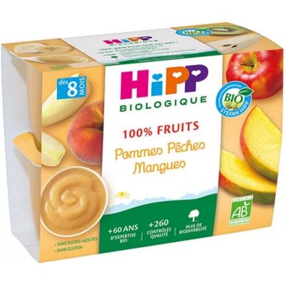 HiPP Sacs de fruits bio - Pêches, Pommes, Mangues - 4x100g - Publicité HiPP Sacs de fruits bio - Pêches, Pommes, Mangues - 4x100g - Publicité