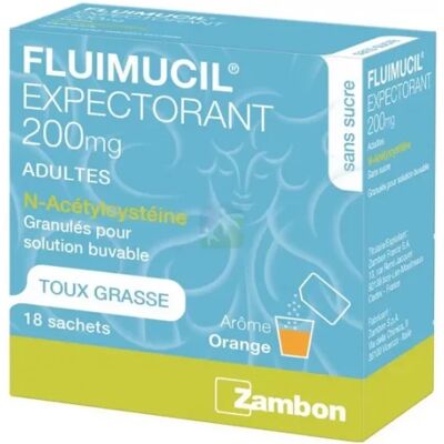 Médicaments sans ordonnance > Médicaments contre les maux de gorge et la toux > Médicaments contre la toux Fluimucil Expectorant 200 mg Goût Orange Adultes Sachets x 18 - Publicité Médicaments sans ordonnance > Médicaments contre les maux de gorge et la toux > Médicaments contre la toux Fluimucil Expectorant 200 mg Goût Orange Adultes Sachets x 18 - Publicité