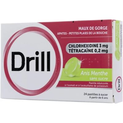 Médicaments sans ordonnance > Médicaments contre les maux de gorge et la toux > Médicaments contre le mal de gorge Drill Sans Sucre Anis Menthe Pastilles à sucer x 34 - Publicité Médicaments sans ordonnance > Médicaments contre les maux de gorge et la toux > Médicaments contre le mal de gorge Drill Sans Sucre Anis Menthe Pastilles à sucer x 34 - Publicité