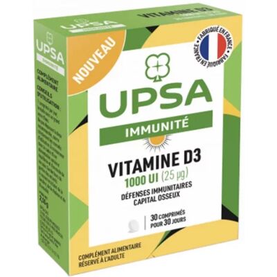 UPSA Vitamine D3 1000 UI - 30 Comprimés pour Adultes - Immunité & Osseux - Publicité UPSA Vitamine D3 1000 UI - 30 Comprimés pour Adultes - Immunité & Osseux - Publicité
