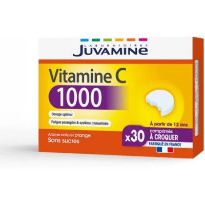 Parapharmacie en ligne > Compléments alimentaires > Compléments alimentaires pour la vitalité et les défenses immunitaires > Vitamines C et acérola Juvamine Vitamine C 1000 Comprimés à Croquer x 30 - Publicité Parapharmacie en ligne > Compléments alimentaires > Compléments alimentaires pour la vitalité et les défenses immunitaires > Vitamines C et acérola Juvamine Vitamine C 1000 Comprimés à Croquer x 30 - Publicité