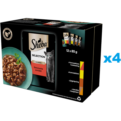 SHEBA Selection Juicy Flavours sachets 48x85g nourriture complète humide pour chats adultes en sauce avec poulet et bœuf, poulet, agneau, canard et dinde - Publicité SHEBA Selection Juicy Flavours sachets 48x85g nourriture complète humide pour chats adultes en sauce avec poulet et bœuf, poulet, agneau, canard et dinde - Publicité