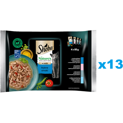 SHEBA Nature's Collection Fish Flavours 52x85 g nourriture complète humide pour chats adultes en morceaux de sauce avec du thon, du saumon, du cabillaud, du poisson de mer - Publicité SHEBA Nature's Collection Fish Flavours 52x85 g nourriture complète humide pour chats adultes en morceaux de sauce avec du thon, du saumon, du cabillaud, du poisson de mer - Publicité