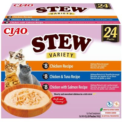 INABA Cat Ciao Stew Creamy Variety mélange de friandises au poulet, thon et saumon dans une sauce crémeuse 24x40g - Publicité INABA Cat Ciao Stew Creamy Variety mélange de friandises au poulet, thon et saumon dans une sauce crémeuse 24x40g - Publicité