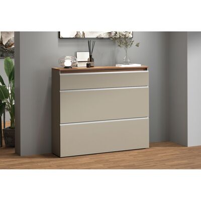 Deladeco Meuble à chaussures 120 cm taupe/chêne wotan Maeva Taupe/chêne wotan - Publicité Deladeco Meuble à chaussures 120 cm taupe/chêne wotan Maeva Taupe/chêne wotan - Publicité