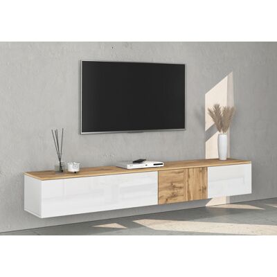 Deladeco Meuble TV suspendu moderne blanc brillant/chêne wotan Isayane Blanc brillant/chêne wotan - Publicité Deladeco Meuble TV suspendu moderne blanc brillant/chêne wotan Isayane Blanc brillant/chêne wotan - Publicité