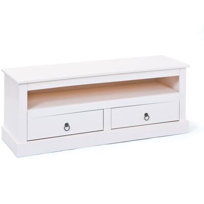 Deladeco Meuble TV style campagne en pin massif blanc 118 cm Florence Blanc - Publicité Deladeco Meuble TV style campagne en pin massif blanc 118 cm Florence Blanc - Publicité