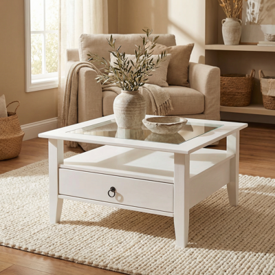 Deladeco Table basse carrée style campagne en pin massif Florence Blanc - Publicité Deladeco Table basse carrée style campagne en pin massif Florence Blanc - Publicité