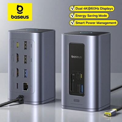 Baseus 12 en 1 USB C HUB vers HDMI 4K @ 60Hz double affichage USB 3.2 adaptateur avec RJ45 SD TF PD 100W Station d'accueil pour fenêtre Mac Hub - Publicité Baseus 12 en 1 USB C HUB vers HDMI 4K @ 60Hz double affichage USB 3.2 adaptateur avec RJ45 SD TF PD 100W Station d'accueil pour fenêtre Mac Hub - Publicité