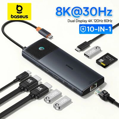 Baseus USB C HUB double HDMI 8K 4K adaptateur 10 en 1 USB 3.2 10Gbps séparateur avec RJ45 SD TF Type C PD 100W pour MacBook Pro Air HUB - Publicité Baseus USB C HUB double HDMI 8K 4K adaptateur 10 en 1 USB 3.2 10Gbps séparateur avec RJ45 SD TF Type C PD 100W pour MacBook Pro Air HUB - Publicité