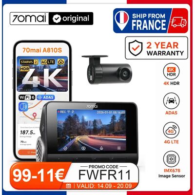 Caméra embarquée 70mai Dash Cam 4K A810S HDR IMX678 Supercapacitor 4G LTE avec télécommande Wi-Fi 6, commande vocale intelligente, GPS, ADAS, caméra de voiture 70mai A810S - Publicité Caméra embarquée 70mai Dash Cam 4K A810S HDR IMX678 Supercapacitor 4G LTE avec télécommande Wi-Fi 6, commande vocale intelligente, GPS, ADAS, caméra de voiture 70mai A810S - Publicité