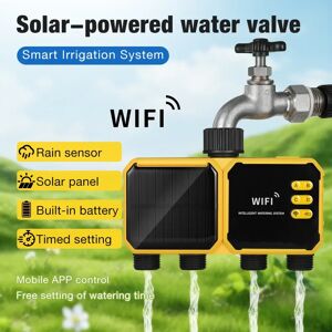 JUANJUAN Programmateur d'arrosage solaire WiFi 1/2/4 sorties avec entrée en laiton, contrôle automatique de l'irrigation avec fonction de report en cas de pluie pour arroseur de jardin