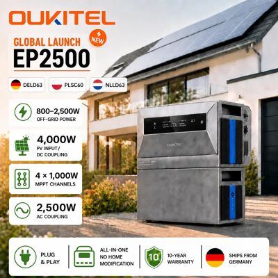 Système de stockage solaire tout-en-un OUKITEL EP2500 pour balcon, Plug & Play, batterie LiFePO4 2048Wh extensible jusqu'à 16,38 kWh, entrée PV 4000W, station d'alimentation hors réseau/sur réseau - Publicité Système de stockage solaire tout-en-un OUKITEL EP2500 pour balcon, Plug & Play, batterie LiFePO4 2048Wh extensible jusqu'à 16,38 kWh, entrée PV 4000W, station d'alimentation hors réseau/sur réseau - Publicité