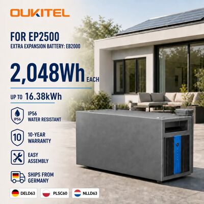Batterie OUKITEL EB2000 2048Wh LiFePO4, batterie supplémentaire pour système de stockage solaire EP2500E, extensible jusqu'à 16,38 kWh, extension de station d'alimentation. Publicité Batterie OUKITEL EB2000 2048Wh LiFePO4, batterie supplémentaire pour système de stockage solaire EP2500E, extensible jusqu'à 16,38 kWh, extension de station d'alimentation. Publicité