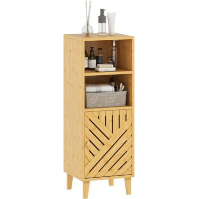 HOMCOM Meuble de salle de bain, meuble de rangement, armoire salle de bain avec 1 placard, 2 compartiment ouvert, porte et pieds en bambou, 32 x 30 x 90 cm, effet bois naturel - Publicité HOMCOM Meuble de salle de bain, meuble de rangement, armoire salle de bain avec 1 placard, 2 compartiment ouvert, porte et pieds en bambou, 32 x 30 x 90 cm, effet bois naturel - Publicité
