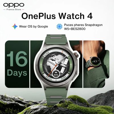 Version internationale de la montre connectée OnePlus Watch 4, écran de 1,5 pouces, Wear OS by Google, processeur Snapdragon W5, autonomie jusqu'à 16 jours, Google Wallet - Publicité Version internationale de la montre connectée OnePlus Watch 4, écran de 1,5 pouces, Wear OS by Google, processeur Snapdragon W5, autonomie jusqu'à 16 jours, Google Wallet - Publicité