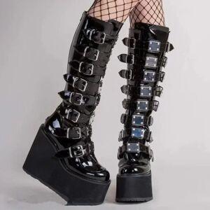 NONE Femmes bottes Cosplay dames talon haut plate-forme compensées femmes bottes hautes gothique boucle sangle Long Tube en cuir femme bottes Plus Si