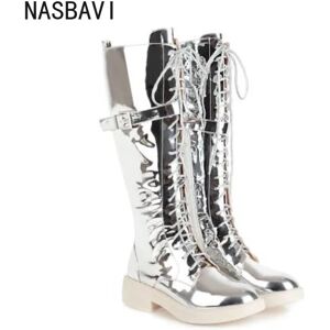 NASBAVI nouvelles Bottes longues pour femmes automne bout rond Bottes plates femme genou haut talon bas décontracté en cuir PU hiver femme chaussures