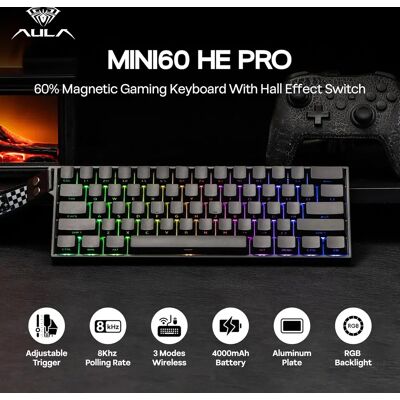 AULA Mini60 HE/Pro/Max 60% clavier à interrupteur magnétique rvb Tri Mode clavier mécanique sans fil 8000Hz 0.01mmRT pour Pc Gamer cadeaux - Publicité AULA Mini60 HE/Pro/Max 60% clavier à interrupteur magnétique rvb Tri Mode clavier mécanique sans fil 8000Hz 0.01mmRT pour Pc Gamer cadeaux - Publicité