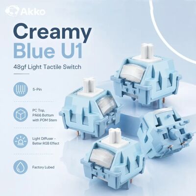 Interrupteurs tactiles Akko Creamy Blue U1 48gf, lubrifiés en usine, légers, 5 broches, échangeables à chaud, accessoires pour clavier mécanique MX, 100 pièces - Publicité Interrupteurs tactiles Akko Creamy Blue U1 48gf, lubrifiés en usine, légers, 5 broches, échangeables à chaud, accessoires pour clavier mécanique MX, 100 pièces - Publicité