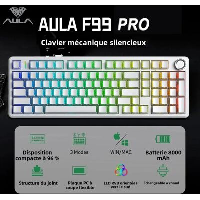 AULA F99 Pro clavier mécanique silencieux sans fil trois modes échangeable à chaud personnalisé rvb rétro-éclairé translucide face gravée clavier - Publicité AULA F99 Pro clavier mécanique silencieux sans fil trois modes échangeable à chaud personnalisé rvb rétro-éclairé translucide face gravée clavier - Publicité