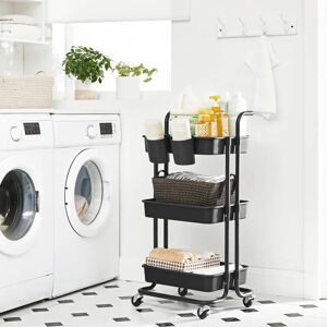 SONGMICS Chariot Mobile à 3 Niveaux, Desserte sur roulettes, Étagère de Rangement, avec poignée, 2 Pots, 2 Freins, paniers en Plastique, Montage Facile, pour Chambre, Cuisine, Noir/Blanc/Blanc et image