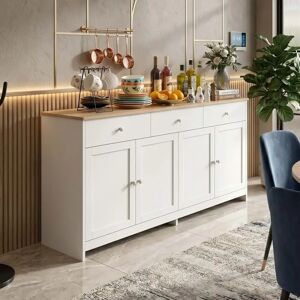 NONE Buffet 160cm Blanc & Chêne, Enfilade de Cuisine 4 Portes et 3 Tiroirs, Meuble de Rangement Salon Style Campagne, Ajustable & Robuste - Publicité NONE Buffet 160cm Blanc & Chêne, Enfilade de Cuisine 4 Portes et 3 Tiroirs, Meuble de Rangement Salon Style Campagne, Ajustable & Robuste - Publicité