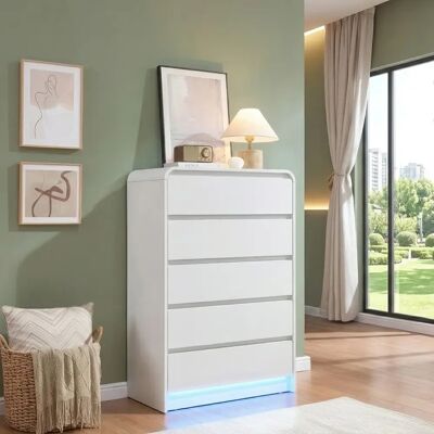 Simurq Commode pour chambre à coucher, adultes, 5 tiroirs, commode avec tiroirs, blanc, meuble de rangement en bois avec LED, commode avec tiroir, meuble de couloir avec espace de rangement - Publicité Simurq Commode pour chambre à coucher, adultes, 5 tiroirs, commode avec tiroirs, blanc, meuble de rangement en bois avec LED, commode avec tiroir, meuble de couloir avec espace de rangement - Publicité