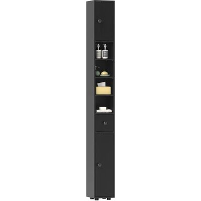 Armoire de salle de bain haute Kleankin, colonne de salle de bain étroite avec 1 tiroir, 4 étagères ouvertes et étagères réglables, 2 portes, style moderne, pour petits espaces, 20x20x180 cm, noir - Publicité Armoire de salle de bain haute Kleankin, colonne de salle de bain étroite avec 1 tiroir, 4 étagères ouvertes et étagères réglables, 2 portes, style moderne, pour petits espaces, 20x20x180 cm, noir - Publicité