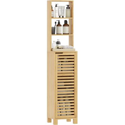 Homcom Armoire de salle de bain haute et étroite en bambou avec 3 étagères ouvertes, porte à lattes, étagères réglables, naturel - Publicité Homcom Armoire de salle de bain haute et étroite en bambou avec 3 étagères ouvertes, porte à lattes, étagères réglables, naturel - Publicité
