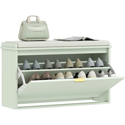 Banc à chaussures étroit Homcom, banc de couloir avec siège rembourré, tiroir pliant et étagère réglable, pour 8 paires de chaussures, pour entrée, chambre, 80x26x47,5 cm, vert clair - Publicité Banc à chaussures étroit Homcom, banc de couloir avec siège rembourré, tiroir pliant et étagère réglable, pour 8 paires de chaussures, pour entrée, chambre, 80x26x47,5 cm, vert clair - Publicité