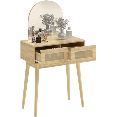 Table de toilette Homcom avec miroir arqué, table de maquillage moderne avec 2 tiroirs et façade en rotin, coiffeuse pour chambre à coucher, petits espaces, naturel - Publicité Table de toilette Homcom avec miroir arqué, table de maquillage moderne avec 2 tiroirs et façade en rotin, coiffeuse pour chambre à coucher, petits espaces, naturel - Publicité
