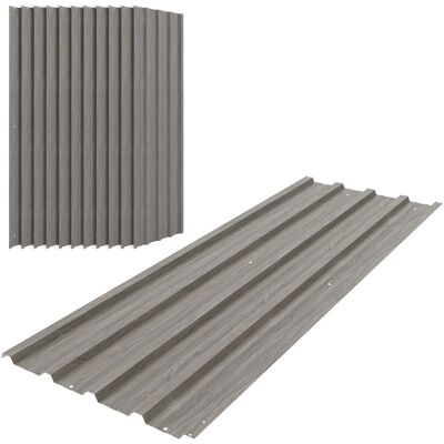 Outsunny Lot de 12 panneaux en acier galvanisé Résistant aux Intempéries, effet bois gris clair, dim. d'un panneau 129L x 45l cm - Publicité Outsunny Lot de 12 panneaux en acier galvanisé Résistant aux Intempéries, effet bois gris clair, dim. d'un panneau 129L x 45l cm - Publicité