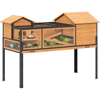 PawHut Maison pour tortues, habitat en bois à 2 étages avec 2 chambres, enclos intérieur extérieur avec rampes, toit ouvrable et plateau, grande cage pour reptiles, 128x63x96cm, jaune - Publicité PawHut Maison pour tortues, habitat en bois à 2 étages avec 2 chambres, enclos intérieur extérieur avec rampes, toit ouvrable et plateau, grande cage pour reptiles, 128x63x96cm, jaune - Publicité
