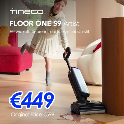 Tineco Floor One S9 Artist Aspirateur laveur, 22 kPa d'aspiration, 360° SmoothDrive, design anti-emmêlement, 50 min d'autonomie, nettoyage des bords des 2 côtés, s'aplatit à 180°, Flashdry à 85°C - Publicité Tineco Floor One S9 Artist Aspirateur laveur, 22 kPa d'aspiration, 360° SmoothDrive, design anti-emmêlement, 50 min d'autonomie, nettoyage des bords des 2 côtés, s'aplatit à 180°, Flashdry à 85°C - Publicité
